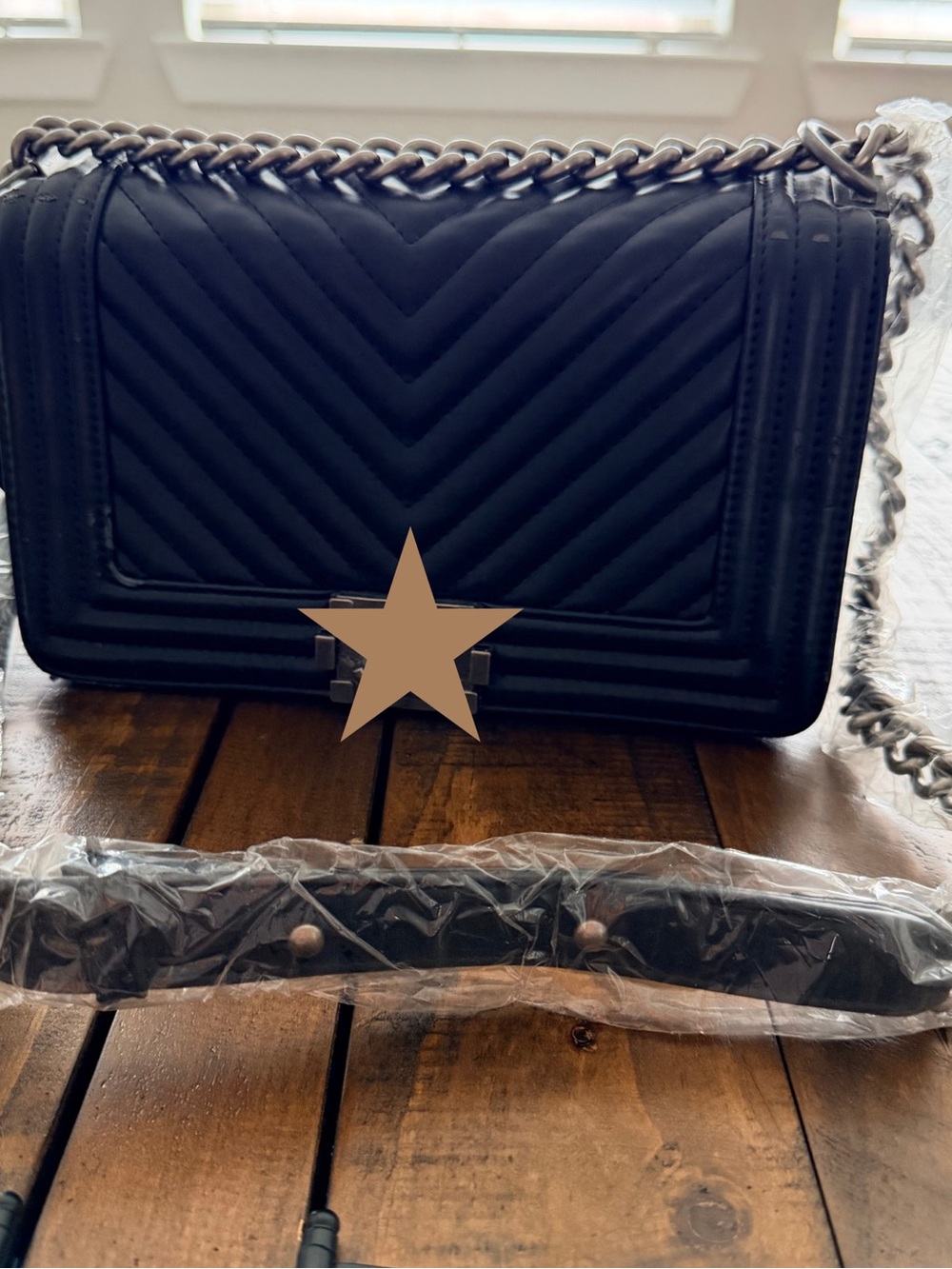 Quilted Chevron Chain Shoulder Boy Bag - Black & Silver